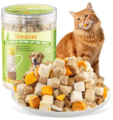Gefriergetrocknete Katzen und Hunde Leckerlis, 4 in 1 Fleisch, Huhn, Ente, Eigelb, Hühnerleber, Katzen-Hundefutter Snack (100g)