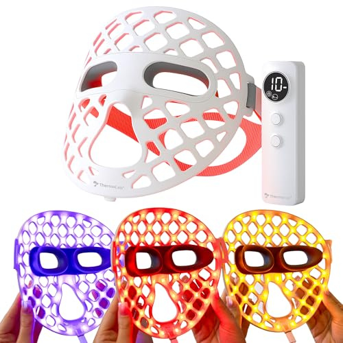 ThermoLab Aura™ LED Face Mask, Red Light Therapy 4 Colour 850nm Infrared | Anti-ageing and blemish care, 93g lightweight silicone, cordless rechargeable, IP67 waterproof, 10 to 30 min timer, USB C