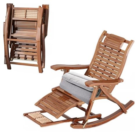 YUJEYHD Klappbare Schaukelliege, 5-Fach Verstellbarer Liegestuhl, Outdoor-Sonnenliege mit verlängerter Fußstütze, Holz-Loungesessel für Garten Terrasse Balkon, mit Kissen