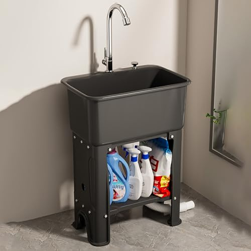Kommerzielle Kunststoff-Spüle mit Wasserhahn und Ablagen, freistehendes Waschbecken für Outdoor, Garage, Restaurant, Küche und Waschküche, Schwarz