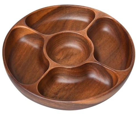 The Roaming Oak Acacia Wood Serving Platter, 5-Section Round Wooden Tray for Parties, Movie Night Snack Tray,Present for Mum