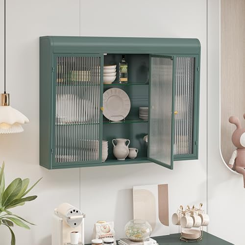 Ligterra Küchenhängeschränke Wandschrank mit 3-Türige aus Glas, Bogenförmige Hängevitrine, Hängeschrank Küche, Badschrank Sideboard für Küche, Wohnzimmer und Badezimmer(Dunkelgrün)