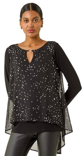 Roman Originals Ring Front Chiffon Overlay Tunic Top for Women UK - Ladies Everyday Autumn Winter Round Neckline Comfy Soft Evening Vacation Work Party Night Out - Noir - Size 18