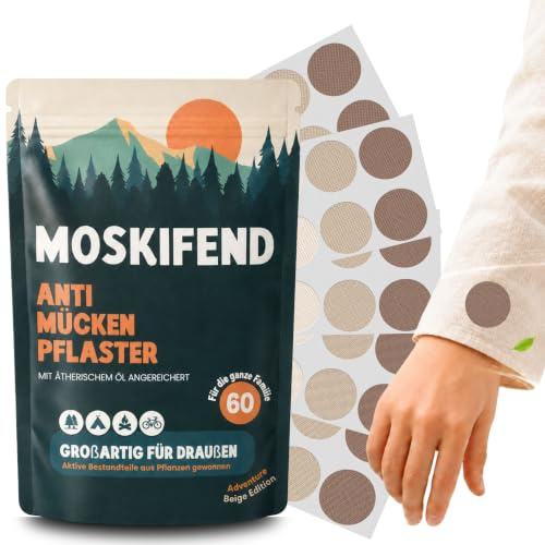 Mückenschutzpflaster für Kinder, Babys & Erwachsene (mit Öl gegen Mücken) – Anti Mücken Aufkleber – 60 Patches für unterwegs | Mosquito Repellent Sticker, Insektenschutz-Beige-V100