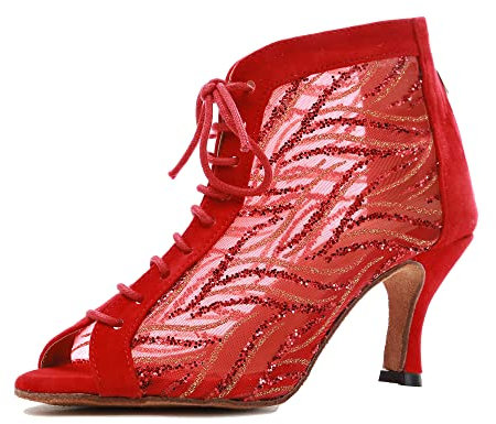 MINITOO Damen Latin Standard Tanzschuhe Mesh Abend Sandalen Stiefeletten Sommer Sexy Tanzstiefel L263 Rot EU 39