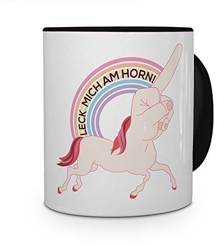 printplanet Tasse mit Spruch: Leck Mich am Horn! - Kaffeebecher, Mug, Becher, Kaffeetasse - Farbe Schwarz