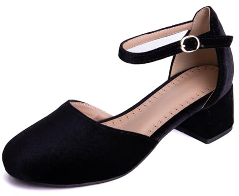SJJH Velvet Court Shoes with Chunky Heel and Round Toe for Fashion Women Black