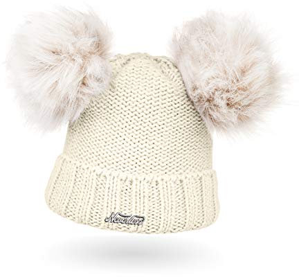 Neverless® gefütterte Damen Strickmütze mit Doppel-Fell-Bommel und Fleece Futter, Winter-Mütze, Bommelmütze Creme