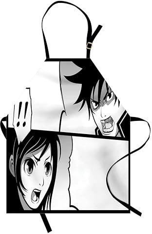 ABAKUHAUS Anime Kochschürze, Japanische Comics Streifen mit Jungen und Mädchen Kampf Szene Manga Bild Cartoon Print, Farbfest Höhenverstellbar Waschbar Klarer Digitaldruck, Weiß Schwarz Grün