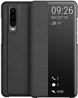 KANSI Cover compatibile con Huawei P30, Flip Pelle Smart View Custodia + Vetro Temperato - Nero