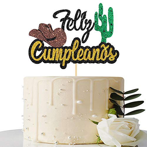 Black Glitter Feliz Cumpleaños Cake Topper - Spanish Happy Birthday Cake Topper - Adults / Teen's Birthday Party Decorations