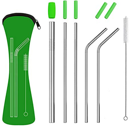 Reusable Metal Drinking Straws Set, Food Grade 304 Stainless Steel Straws with Soft Silicone Tips for Smoothie and Hot/Cold Drinks, Storage Pouch and Cleaning Brush Include