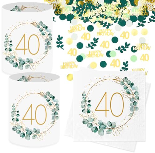 Sprinlot 20 Stück 40. Geburtstag Deko Servietten + 12 Stück Windlicht Tischdeko 40 Geburtstag + Eukalyptus Konfetti Tischdeko Grün Deko 40 Frau Geschenke zum 40 Geburtstag Frau Mann