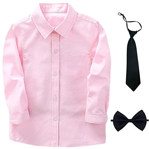 aromm Junge Kleid Hemd mit Fliege und Krawatte Lange Ärmel Solide Knopf unten Oxford Shirt Rosa,9-10 Jahre