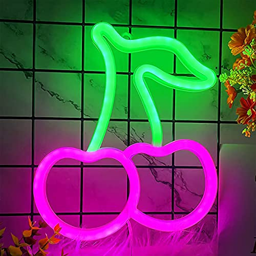 Kirsche Neon-Schilder, süße Frucht-Neonlichter für Wanddekor Batterie oder USB-betriebene LED-Leuchtschilder für Schlafzimmer, Kinderzimmer, Wohnzimmer, Bar, Party, Weihnachten, Hochzeit, Grün Rosa