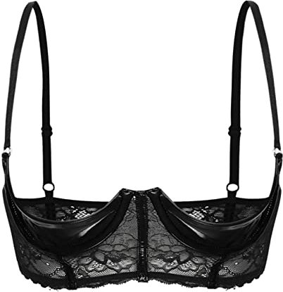 CHICTRY Women's Sexy Wetlook 1/4 Cup Underwired Shelf Bra Balconette Hollow Out Unlined Bralette 2# Black S