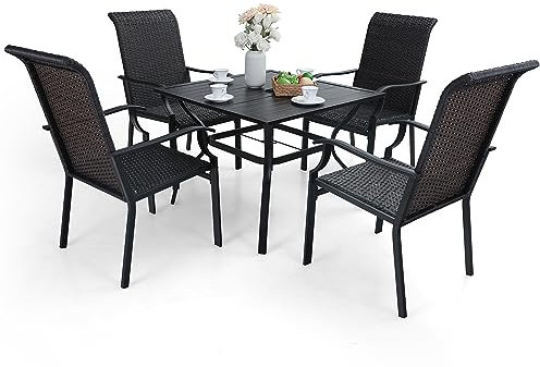 MFSTUDIO Rattan Gartenmöbel Set 5er-Set, Gartenmöbel Set, 4 Korbstühle Und 94x 94 X 72CM Metall-esstisch Mit Schirmloch, Terassenmöbel Wetterfest (4CM Schirmloch)