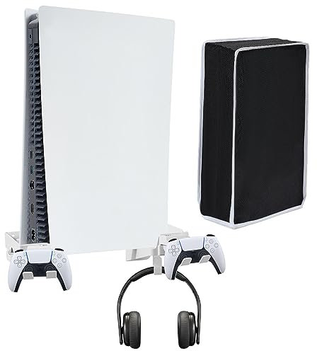 Wall Mount Holder for Playstation 5(PS5) , Detachable Controller & Headphone Holder , Heat Dissipation,with Spirit Level and Non-Slip Mat, Cable Management (with dust cover)