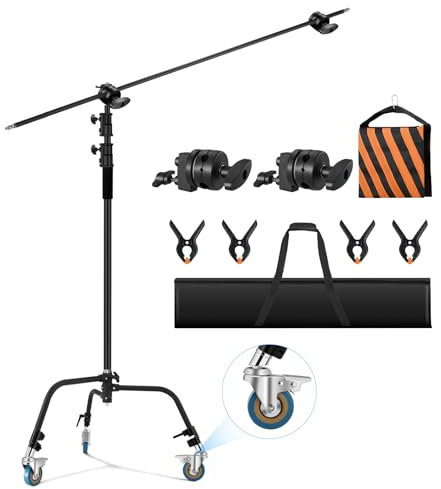 Soonpho 330cm C-Stand 100% Stainless Steel Heavy Duty Photography C Stand,Light Stand with 4.2ft/128cm Extension Boom Arm and Spring Damping for Recording Studio,Reflector,Softbox,Monolights(Black)