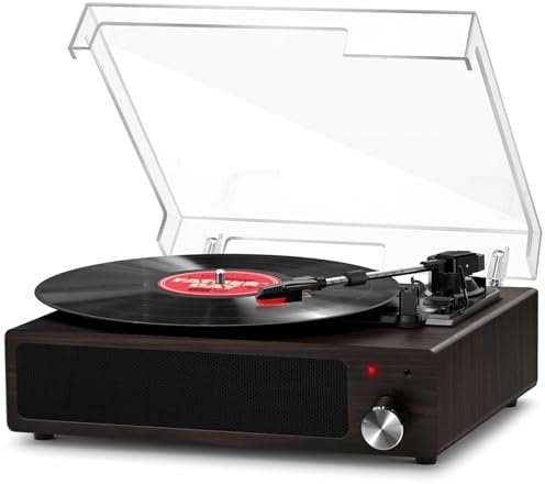 Giradischi Vinili, FYDEE Giradischi Vintage Portatile Bluetooth, Lettore Vinile con 3 Velocità 33/45/78 RPM e 2 Altoparlanti Incorporati, Supporto per Cuffie 3.5mm, RCA, AUX, Noce Scuro