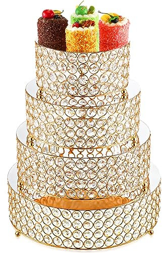 Uiifan Juego de 4 soportes de cristal dorado para tartas, 4 tamaños, elegante soporte redondo para postres de metal con placa de espejo y cuentas de cristal para fiestas, cumpleaños, festivales,