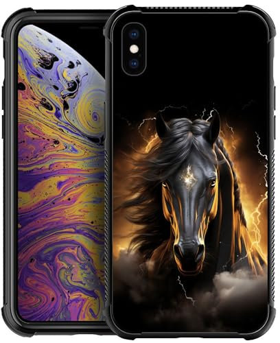 DAIZAG Schutzhülle für iPhone Xs, Rundumschutz, stoßfest, kratzfest, TPU-Hülle, für Mann und Frau, Schwarz / goldfarbenes Pferd