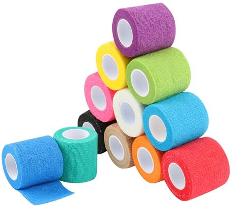 RISVOWO 12 Rollen Selbstklebender Verband, Haftbandage, Elastische Selbsthaftende Verband, Vliesstoff Selbsthaftende Bandage, für Stretch Sportler, Handgelenk, Knöchel, Pet Grooming (5cm x 4,5m)