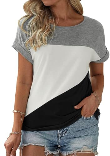 Fisoew Damen T-Shirt Rundhals Farbblock Kurzarm Shirt Casual Oberteil Sommer Locker Baumwolle Tee Tops (Schwarz, M)