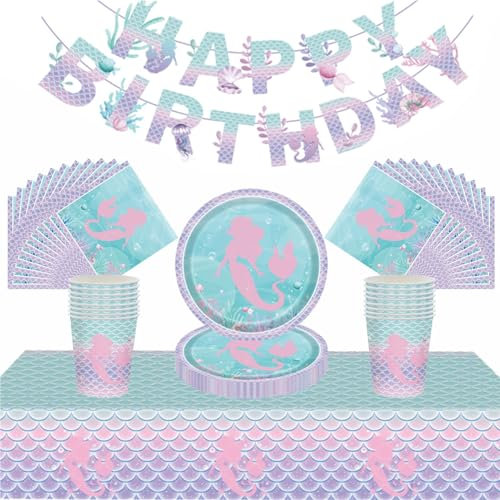 54Pcs Mermaid Party Tableware Decorations for Girls Birthday - Table Cloth, 7inch Paper Plates, Banner, Napkins Set - Party Favor Decor