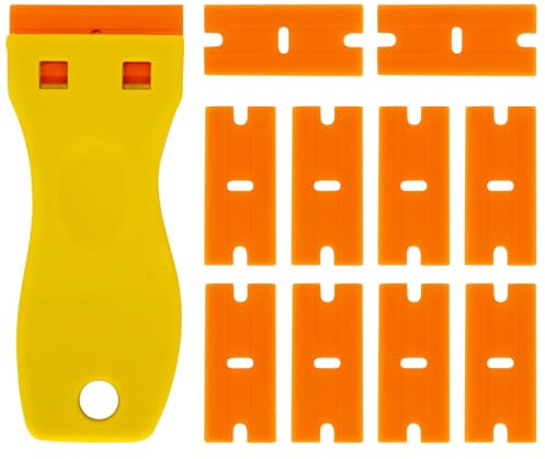 Plastic Razor Scraper Tool with 10 Plastic Razor Blades, Car Sticker Remover for Removing Glue Sticker Decals, Scraping Stickers, Labels and Decals from Glass, Windshields A3SSGD (Yellow)