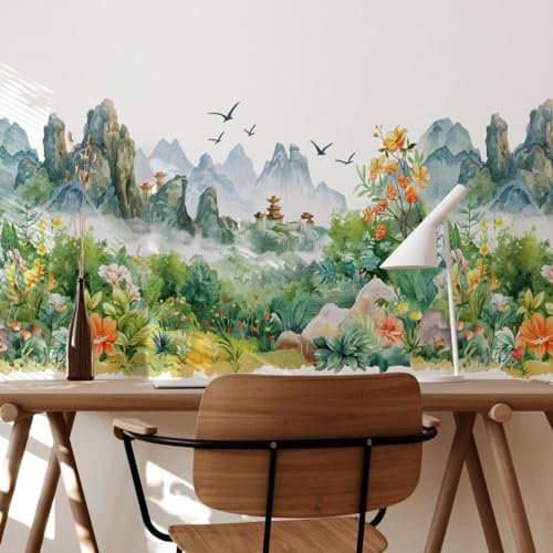 Runtoo Wandtattoo Berge Wandsticker Natur Landschaft Blumen Dschungel Wandaufkleber Wohnzimmer Schlafzimmer Badezimmer Wanddeko