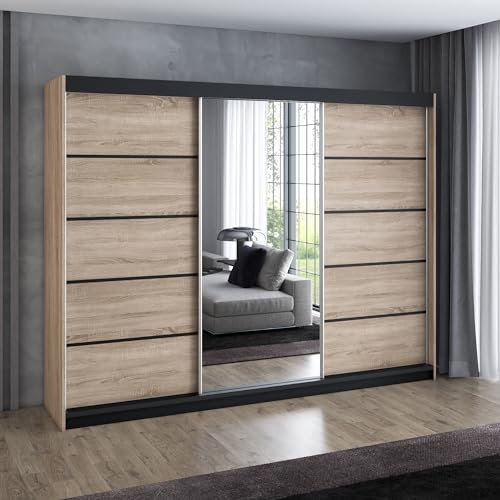A&J MöbelLand Schwebetürenschrank VILANO 4, 3-türig Schrank 200 cm Kleiderschrank mit 4 Schubladen, und Spiegel (Weiß, Schwarz, Somona) (Sonoma/Sonoma/Sonoma)