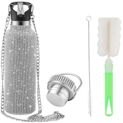 INSTOME Bling Water Bottle Rhinestone,Diamond Water Bottle with Chain,Rhinestone Water Bottles with Lid for Women,Bling Tumblers with 2 Style lids