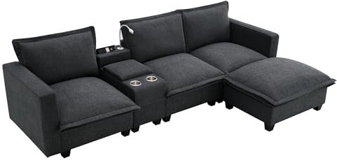 Favfurish 109 Modern Sectional Cloud Sofa with Reading Light & USB Charging Port,4 Seat Chenille Modular Couch W/Console & Cup Holder,Storage Space,Storable Indoor Funiture for Living Room Home, Grey