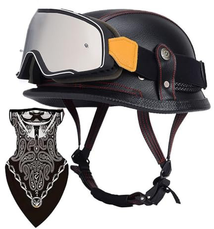 Rétro Cuir Demi Casque Moto Bol Style Allemand avec Visière UV Lunettes Certifié ECE Casque pour Scooter Bike Cruiser Chopper Moped Casque RéTro De(A,M(55~56CM))