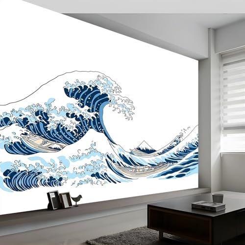 Photo Wallpaper Japanese Style Wave Sailboat Murals, Japanese Style Wall Mural Photo Wallpaper, 200 x 140 cm (W x H) Wallpaper Mural Wall Art for Living Room Bedroom Children's Room Corridor