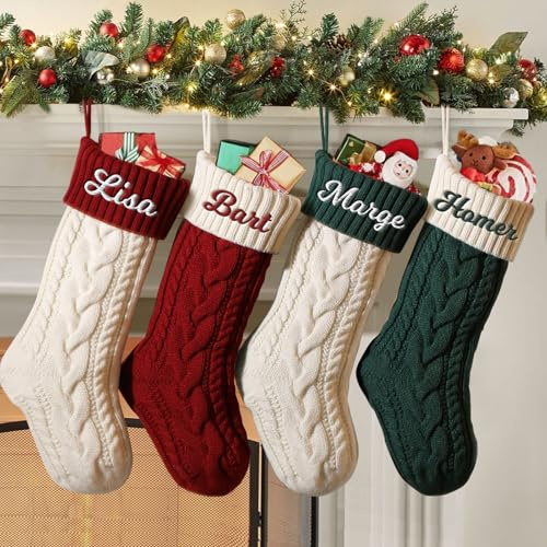 SearchI Weihnachtsstrumpf Personalisiert 46cm große gestrickte Nikolausstrumpf Christmas Stockings mit Benutzerdefinierte Namen für Feiertags, Familienparty, Dekoration (1 Stück)