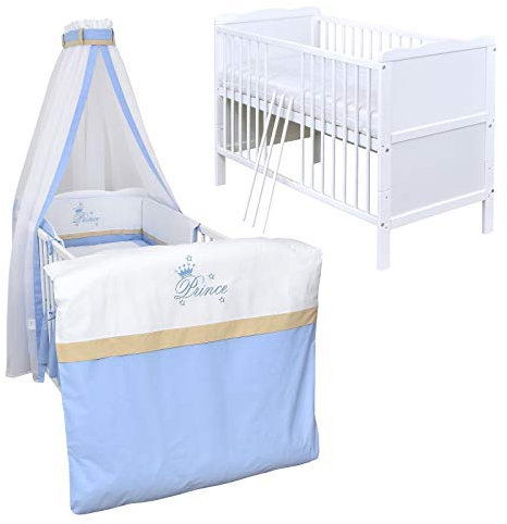Generisch Baby Delux Babybett Komplett Set Kinderbett 60x120 cm umbaubar zum Juniorbett weiß 10-TLG Max Bettset Matratze Chiffonhimmel (Prince)