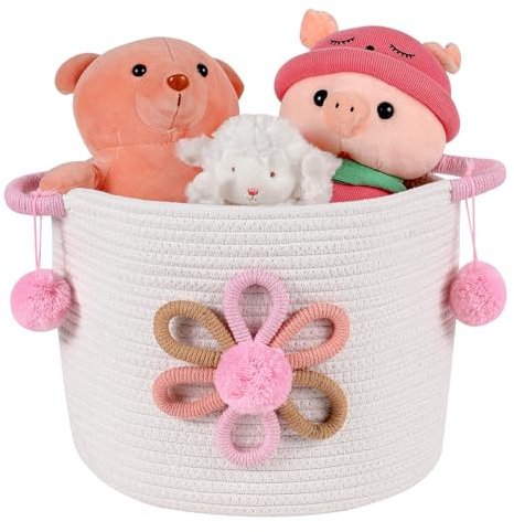 Ceste per la Conservazione dei Giocattoli, Cesto di Stoccaggio in Corda di Cotone con Fiore 3D per Bambini, Cesti per Coperte per il Soggiorno, Organizzatore di Giocattoli, Cesta Intrecciato in Rosa