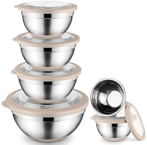 Onader Mixing Bowls with Lids Set of 6 Large Metal Nesting Mixing Bowls Stainless Steel Non-Slip Salad Bowl Khaki – Size 1, 1.5, 2, 2.6, 3.5, 7QT