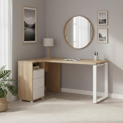 Dmora - Schreibtisch Noemie, Mehrzweckschreibtisch, Bürotisch für PC, Eckschreibtisch, 150x100 h76 cm, Eiche und Weiß