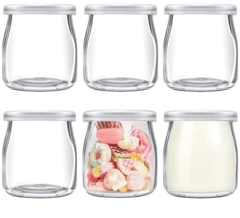 Siocok Lot de 6 petites bouteilles en verre de 200 ml avec couvercles en plastique, pour yaourt, lait, confitures, gelée, pudding, mousse