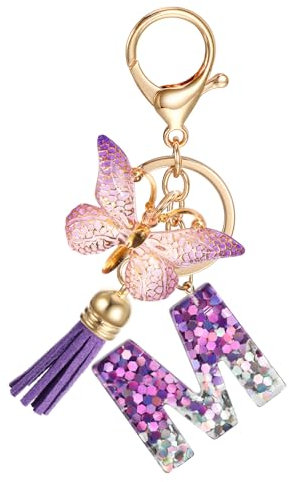 JSRQT Portachiavi con Lettera Iniziale M, Portachiavi con Lettera Alfabeto in Resina Viola per Donne Ragazze con Ciondolo Farfalla Nappa, Nome Lettera Iniziale Portachiavi per Borse Zaini Chiave