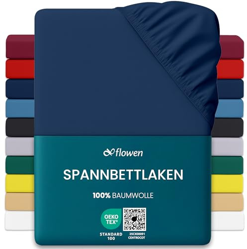 Flowen Jersey Spannbettlaken 160x190cm | Spannbetttuch 100% Baumwolle Rundumgummizug | Bettlaken 30cm Steghöhe Tiefe Tasche | Oeko-Tex Zertifiziert Weich Elastisch Atmungsaktiv Bügelfrei (Dunkelblau)