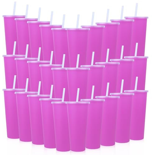Ahongwenxi 30 Pack Pink Plastic Cups with Lids and Straws, 24 oz Reusable Plastic Tumblers Iced Coffee Cups for Iridescent Shiny Disco Juices Birthday Bachelorette Party Wedding (White,24 oz)