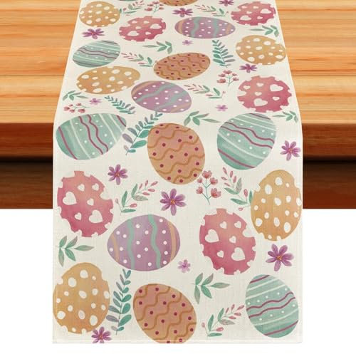Tischläufer Ostern Eier Frohe Ostern Tischläufer, Oster Tischläufer Osterei Tischdecke, 33 x 183cm Ostertischdecken Läufer, Frühling Küche Esstisch Dekoration für drinnen draußen Urlaub Party Deko (A)