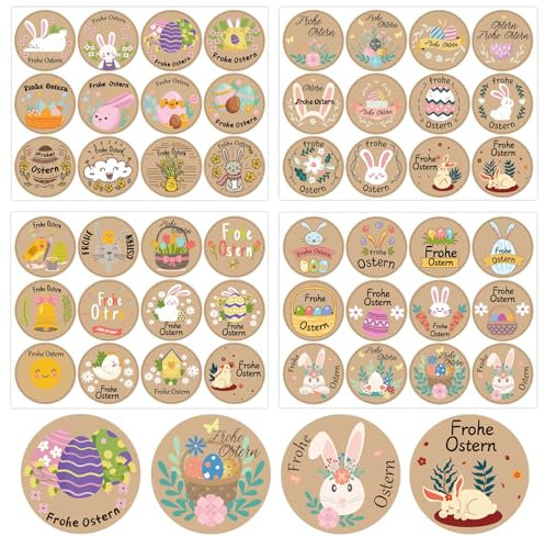 LETSHOLD 144 Aufkleber Ostern Deko Deutsch, Frohe Ostern Aufkleber mit Osterhasen und Ostereier, Osteraufkleber Selbstklebend, Ostersticker Rund für Osterkarte Geschenke Osterdeko (A)