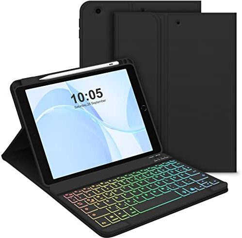 Bettdow für iPad 9.Gen 2021/8.Gen 2020/7.Gen 2019 Tastatur Hülle, Deutsch QWERTZ Layout Magnetisch Abnehmbarer Beleuchtete Tastatur, Hülle mit Stifthalter für iPad 10.2 Zoll 2019-2021, Schwarz