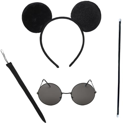 AOVNA 4pcs Blind Mice Set Mouse Ears Headband Black Glasses Tail Blind Cane Mice Costume for Carnival Halloween