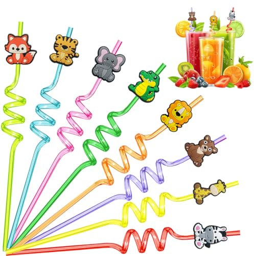 Tiere Strohhalm Kinder, 8 Stück Cartoon Kinder Strohhalme, Wiederverwendbare Lockige Kunststoff Strohhalm, Trinkhalme Plastik Kinder für Geburtstagsdeko Party Mitgebsel Deko